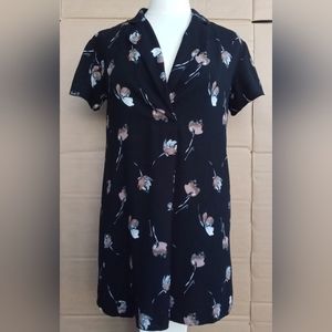 BP. Black Abstract Floral Collared Mini Shirt Shift Dress 90's Aesthetic V Neck